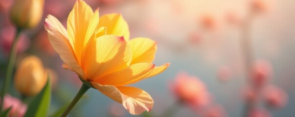 Delicate golden petals unfurl against a soft floral backdrop , botanical style, floral background,