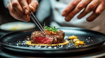 A Michelin-star chef plating an elegant dish, using tweezers to place delicate garnishes on a perfectly seared steak. --ar 16:9