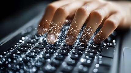 Hand typing on laptop keyboard with glowing particles.