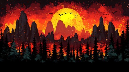 A trendy isolated vector illustration of a flat design desert with glowing red and orange sand under the setting sun.