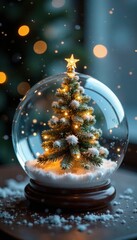 Delicate snowflake ornaments dance around a shining Christmas tree within a glass sphere filled with softly falling snow, decorated, delicate, winter wonderland