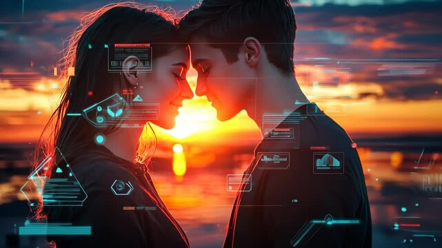 Couple gazing at each other during sunset with digital overlay in the background