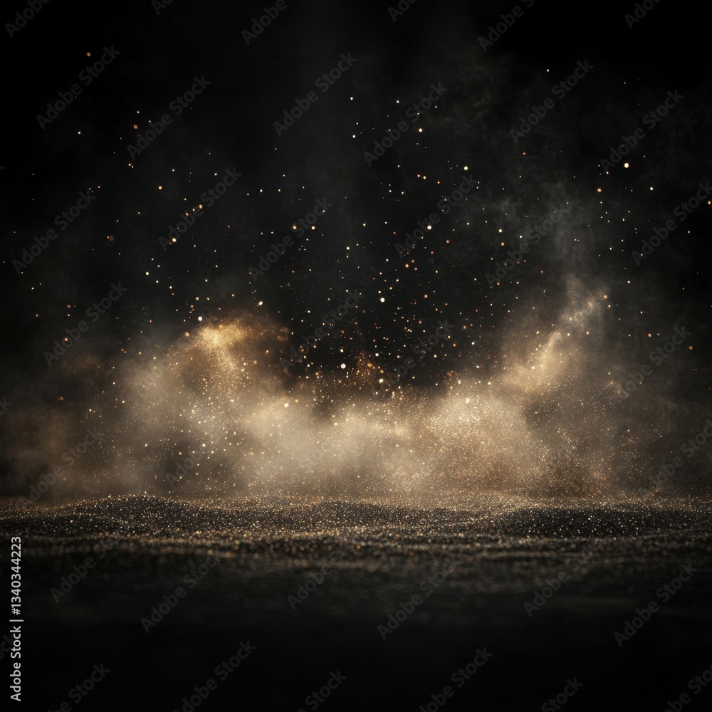 Poster ethereal golden dust floating in dark space creating a magical atmosphere for fantasy concept