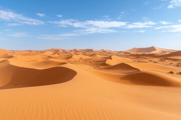 Vast Sahara Desert Landscape under a Bright Blue Sky with Gentle Clouds in Morocco Africa Sand Dunes