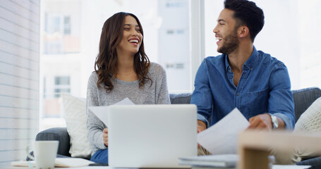 Laughing, budget or happy couple with laptop, documents, salary for household bills, planning or...