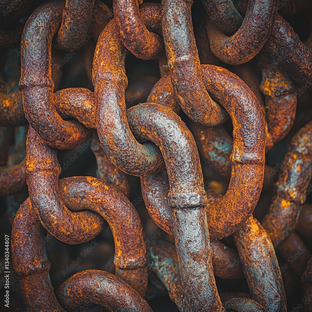Poster captivating close up of weathered rusty chain links showcasing texture strength and industrial herit