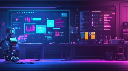 Obraz premium Pixel Art Robot in Neon Lit Cyberpunk Workspace
