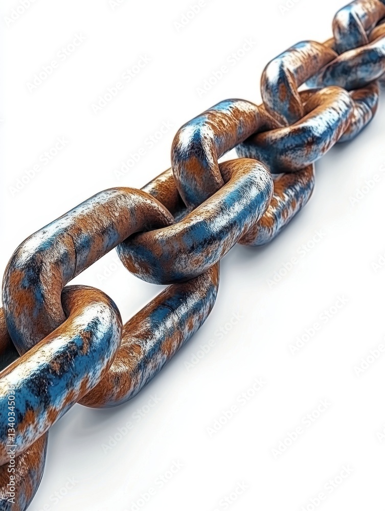 Poster detailed close up of a weathered metal chain on a white background showcasing rust and texture in a 