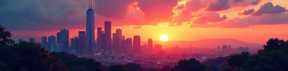 Fototapeta premium Digital cityscape at sunset with skyscrapers and trees, technology, urban, architecture