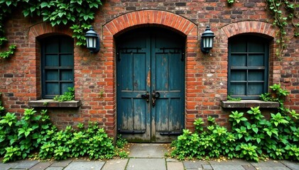 Distressed brick walls with overgrown vegetation and weathered metal gates, grunge textures, worn stone
