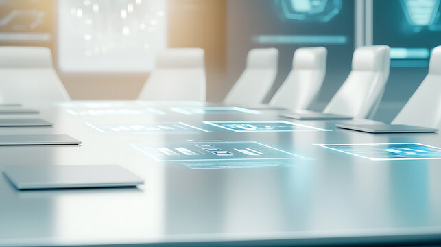 Business strategy meeting in a high-tech conference room with interactive displays - Powered by Adobe