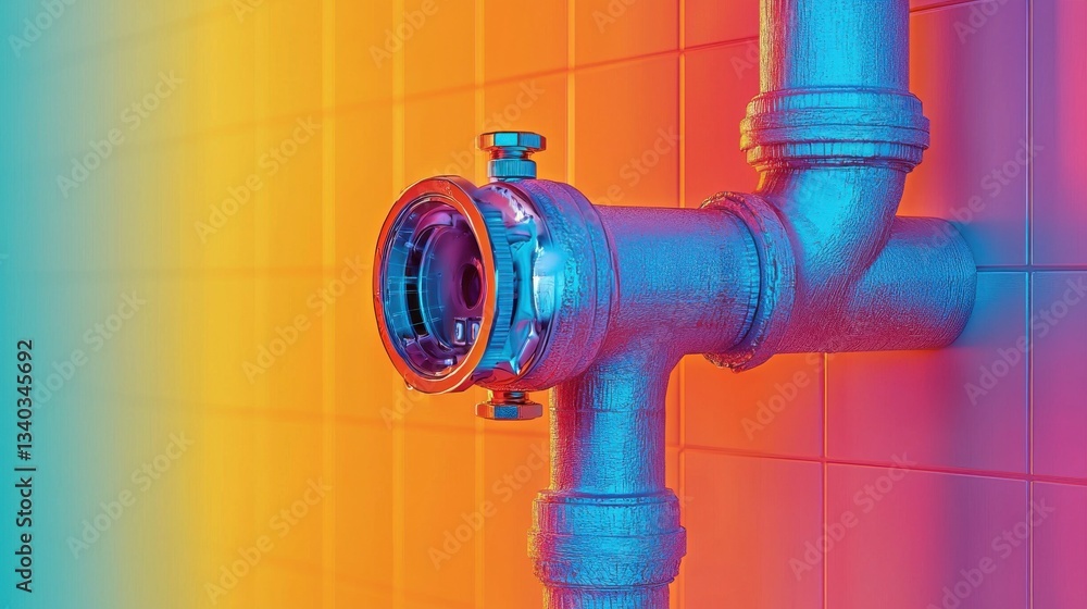 Poster close up view of a complex industrial piping and valve system showcasing the intricate network of in