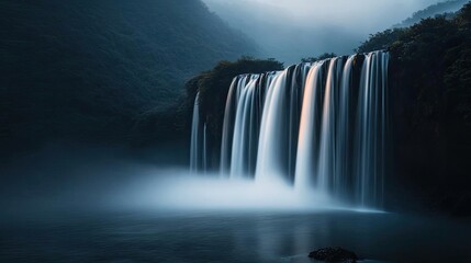Fototapeta premium Rainbow waterfall landscapes harmonious concept. A serene waterfall amidst misty mountains, showcasing nature's beauty and tranquility.