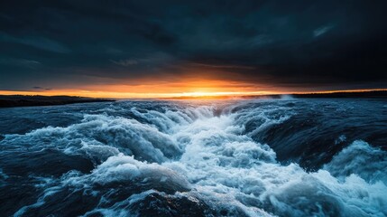 Fototapeta premium River rapids landscapes harmonious concept. A dramatic sunset over turbulent waters with dark clouds and vibrant colors.