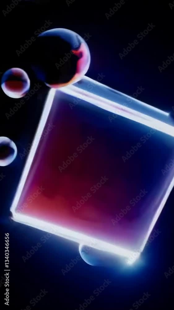 Poster glowing cubes and spheres in motion: futuristic abstract light sequence