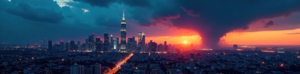 Fototapeta premium Edgy cityscape at dusk with towering skyscrapers and a dark ominous cloud, grungeaesthetic, citynightlife