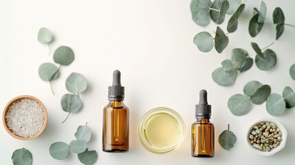 Eucalyptus Oil Bottles Surrounded by Green Leaves and Natural Ingredients