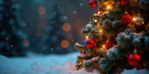 Elegant Christmas tree with multicolored lights and ornaments against a warm winter background, tree, presents