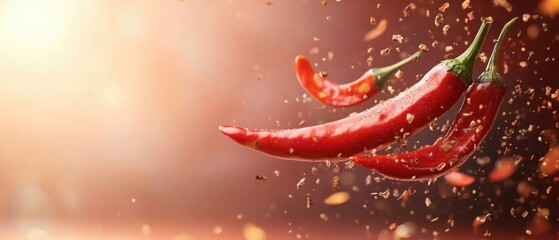Fiery Red Chili Peppers Floating in a Spicy Haze of Ground Pepper with Warm Light and Culinary Appeal