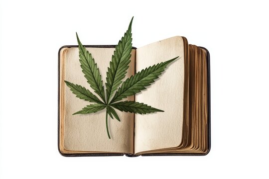 An open book with a cannabis leaf resting on the pages, symbolizing knowledge and culture related to hemp and marijuana.