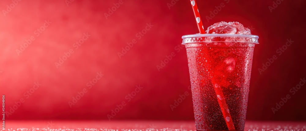 Poster refreshing red soda with ice and a polka dot straw against a vibrant red background creating a cool 