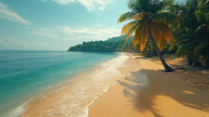 Tropical beach paradise, palm trees, waves, lush jungle backdrop