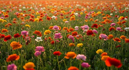 Naklejka premium Colorful Ranunculus Field at Sunset Blooming with Vibrant Spring Flowers