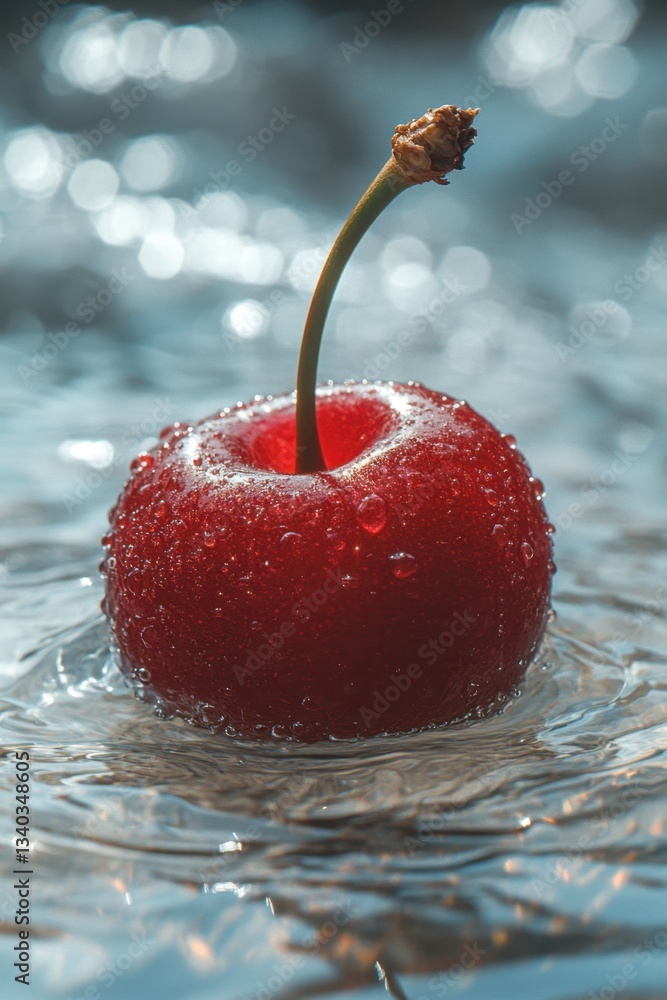 Poster close up of a vibrant red cherry with water droplets glistening in the sunlight creating a refreshin