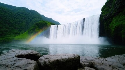 Fototapeta premium Rainbow waterfall landscapes harmonious concept. A stunning waterfall surrounded by lush green hills and a vibrant rainbow in the sky.