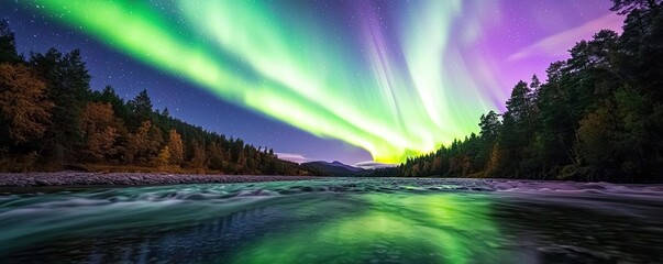 Obraz premium River rapids landscapes harmonious concept. Breathtaking view of the aurora borealis illuminating a serene river landscape.