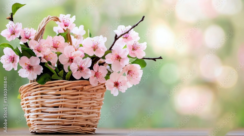 Poster a vibrant display of delicate pink spring blossoms arranged in a rustic wicker basket creating a ser