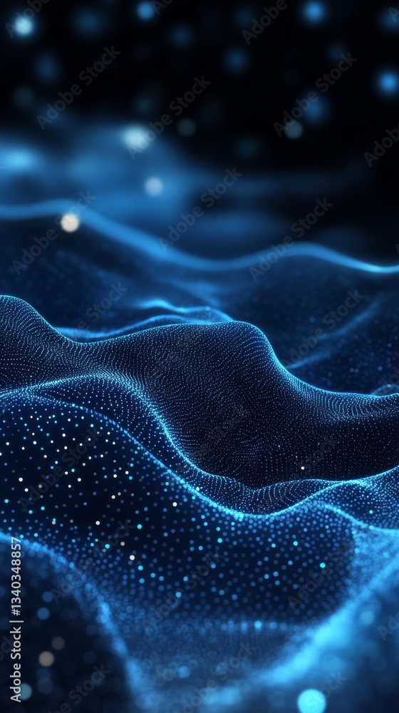 Poster glowing blue digital particles forming waves in a dark background. futuristic tech concept