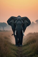 Obraz premium Elephant walks through dense mist on savannah at dawn, safari landscape, morning fog, nature photography