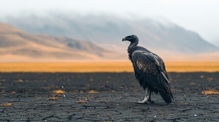 Fototapeta premium A vulture perched on cracked ground, waiting in a desolate environment