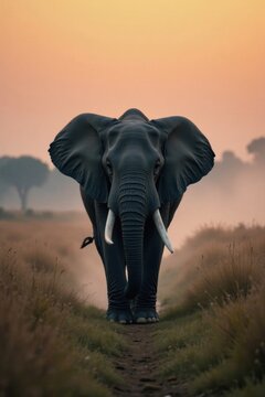 Elephant walks through dense mist on savannah at dawn, safari landscape, morning fog, nature photography