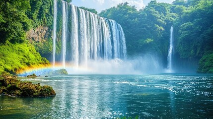 Rainbow waterfall landscapes harmonious concept. A breathtaking waterfall cascading into a serene lake surrounded by lush greenery.
