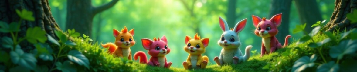 Obraz premium Enchanted forest creatures peek out from behind leafy greenery, foliage, fantasy