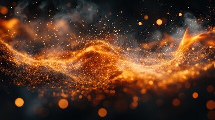 Abstract fiery particles flowing like a wave in a dark space background with a magical and ethereal atmosphere creating a dynamic and captivating visual effect