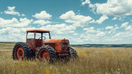 Obraz premium Abandoned farmland, old tractor rusting under the harsh sun 