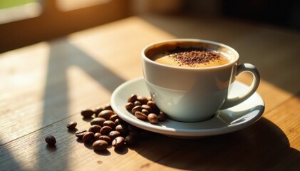 Fototapeta premium Espresso coffee cup with beans on wooden table, morning light filtering through, coffee, espresso
