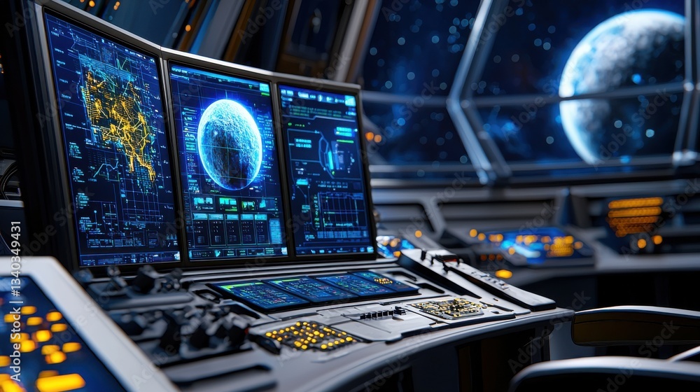 Poster a highly advanced and complex control center interface designed for an autonomous spacecraft mission