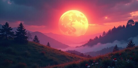 Ethereal circular glow surrounds a serene landscape at dusk, peaceful, circle