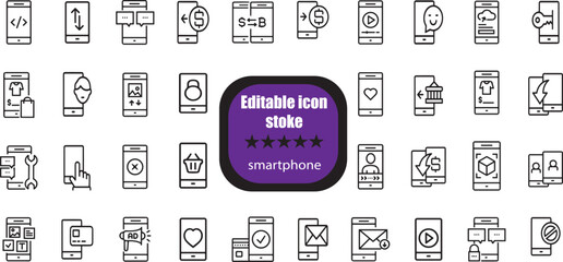 outline icons related to smartphone. Linear icon collection. Editable stroke