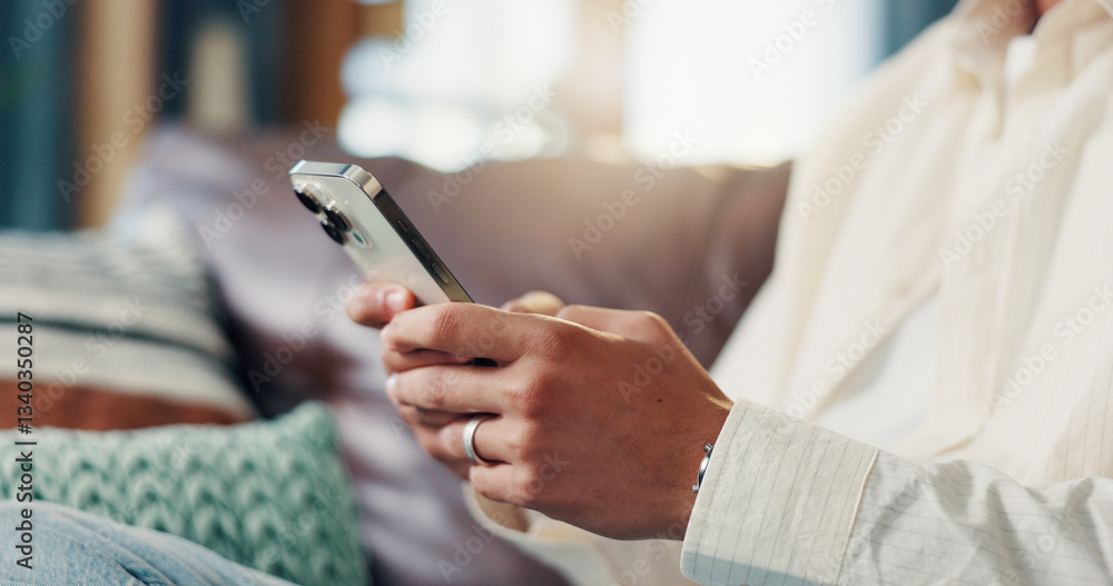 Fototapete Phone, hands and person on sofa in home for social networking on mobile app for connection. Cellphone, communication and closeup texting for online dating with chat in living room at apartment.
