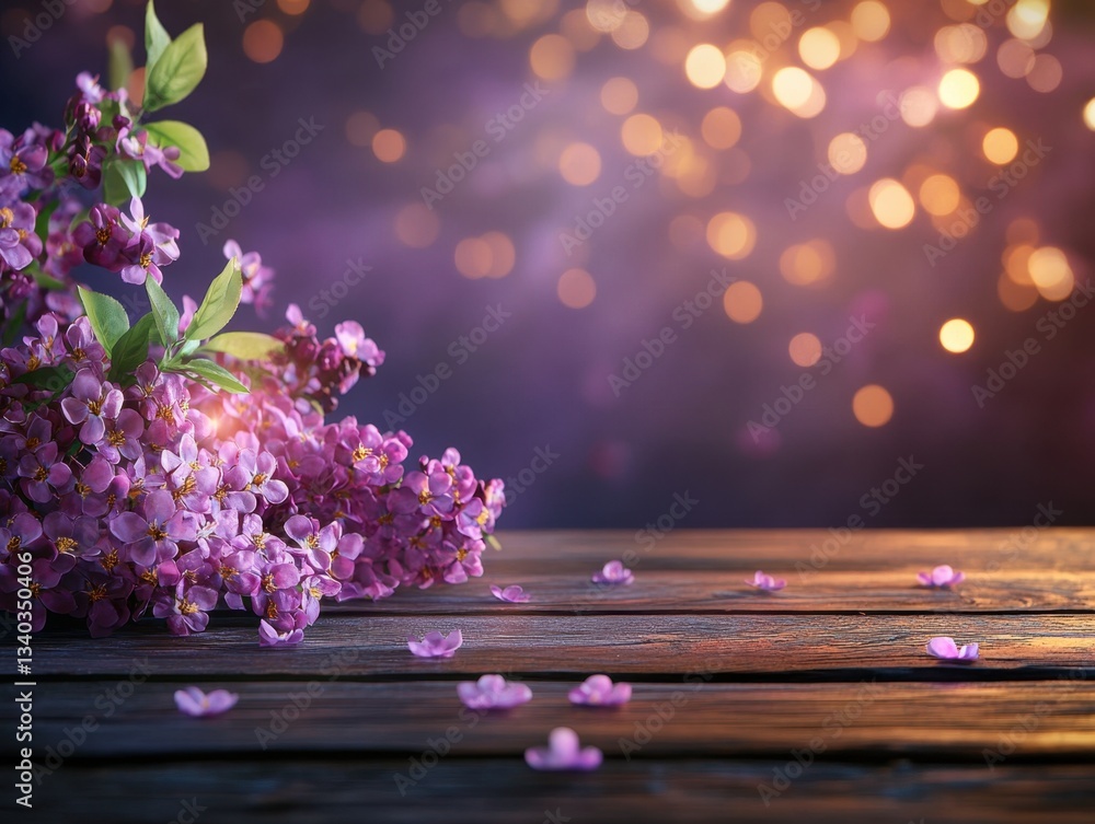 Poster enchanting lilac blossoms cascading on rustic wooden surface with dreamy bokeh background creating a
