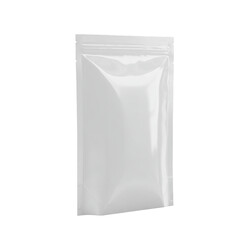 A white, glossy, rectangular pouch with a zipper closure on the top. a reflective material and is standing upright against a transparent background.