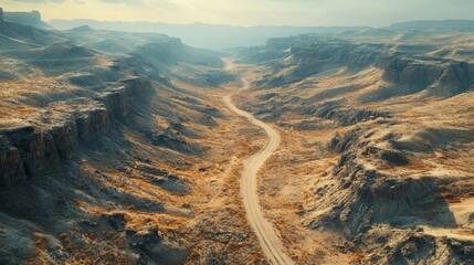 Aerial view of a dry, cracked valley with no vegetation