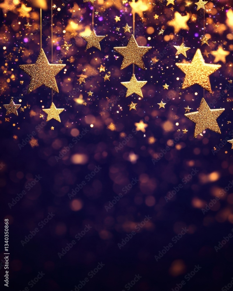 Poster golden stars suspended against a dark backdrop creating a festive and magical atmosphere with bokeh 