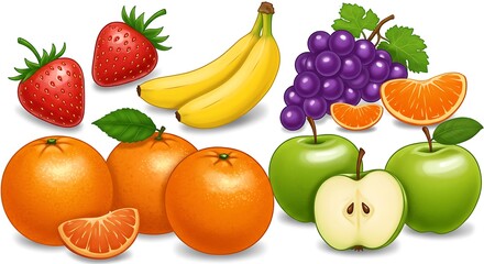 Assorted Fresh Fruits Still Life Featuring Bananas, Apples, Oranges, and Strawberries