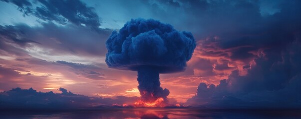 Apocalyptic Sunset: Nuclear Cloud over a Calm Sea